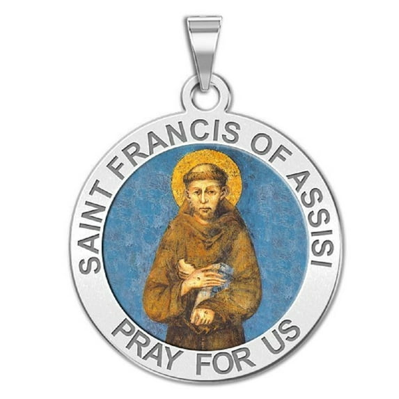 Saint Francis of Assisi Religious Medal Color - 2/3 Inch Size of Dime, Solid 14K White Gold