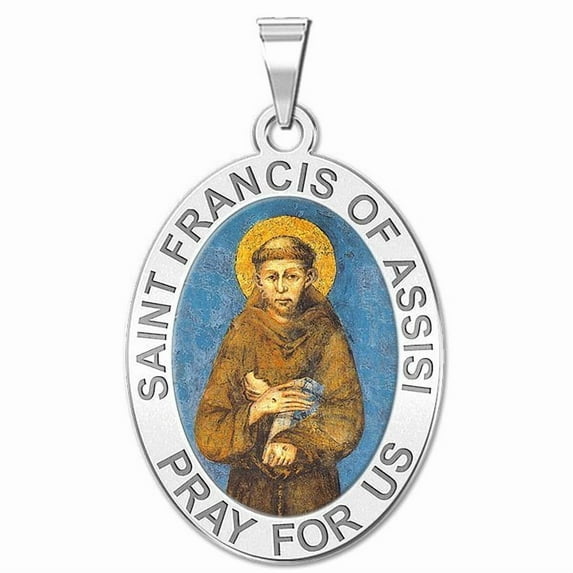 Saint Francis of Assisi Religious Medal Color - 3/4 Inch Size of a Nickel - Solid 14K White Gold