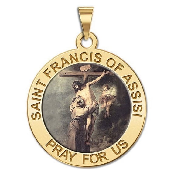 Saint Francis of Assisi Religious Medal - Embracing Christ Color 2/3 inch Size of Dime, Solid 14K Yellow Gold