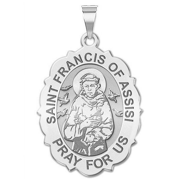 Saint Francis of Assisi Scalloped Religious Medal 2/3 X 3/4 Inch Size of Nickel, Solid 14K White Gold