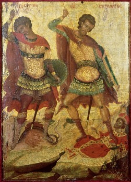 Saint George & Saint Demetrius 16th Century Michael Damaskenos (b1550- Greek) Wood Canvas Art - Michael Damaskenos (18 x 24)