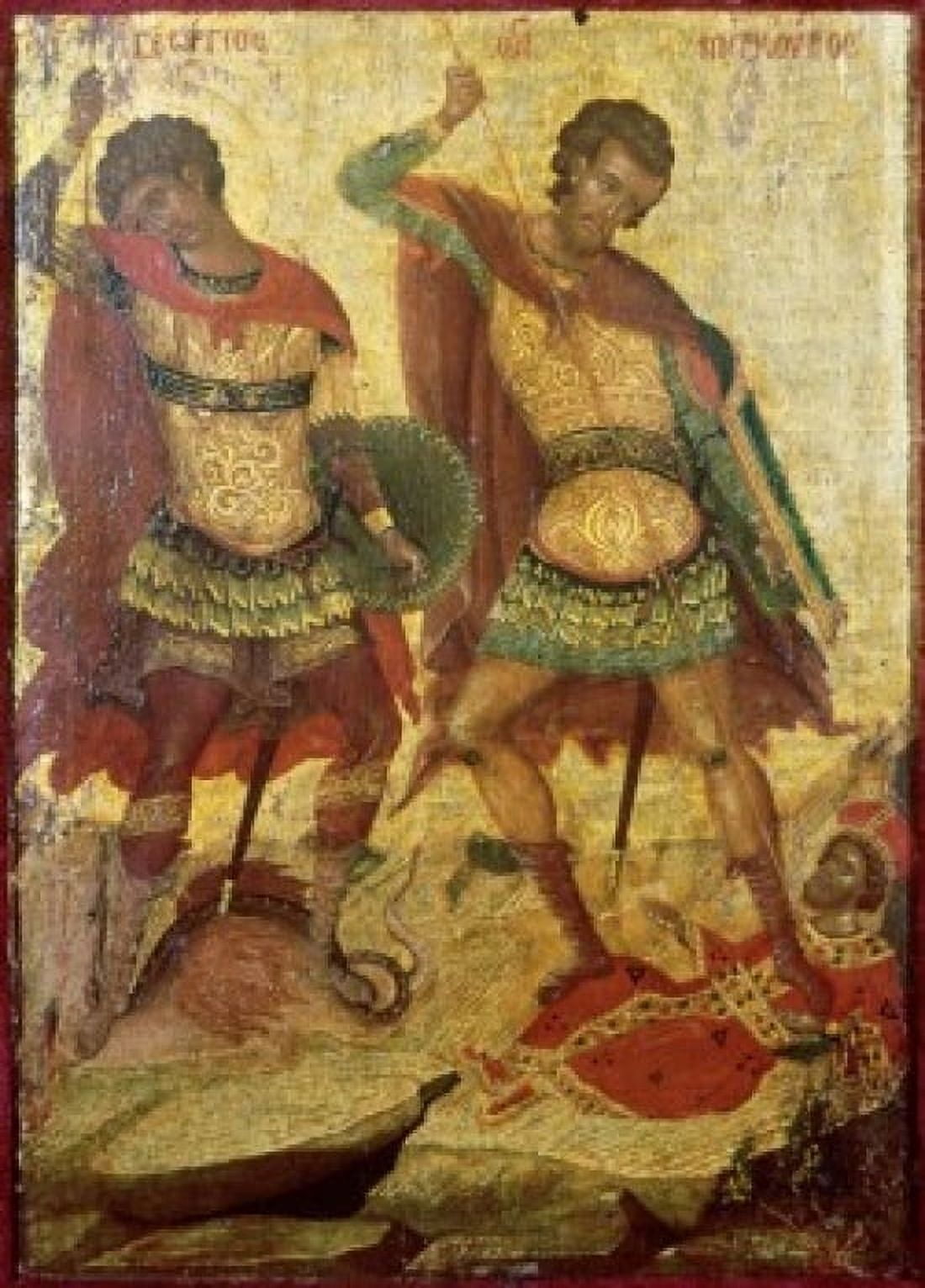 Saint George & Saint Demetrius 16th Century Michael Damaskenos (b1550- Greek) Wood Canvas Art - Michael Damaskenos (24 x 36)