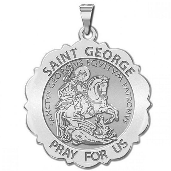 Saint George Scalloped Religious Medal - 2/3 inch Size of Dime, Sterling Silver