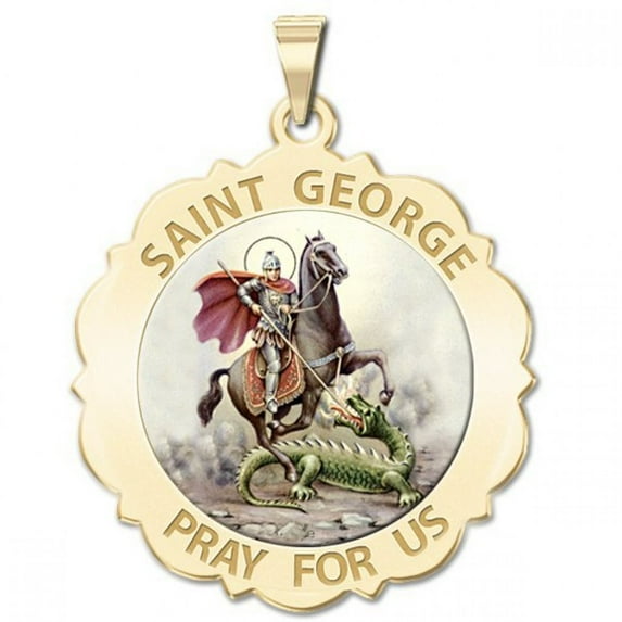 Saint George Scalloped Religious Medal Color - 1 Inch Size of a Quarter -Solid 14K Yellow Gold