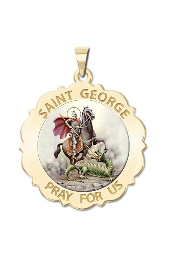 Saint George Scalloped Religious Medal Color - 2/3 Inch Size of Dime, Solid 14K Yellow Gold