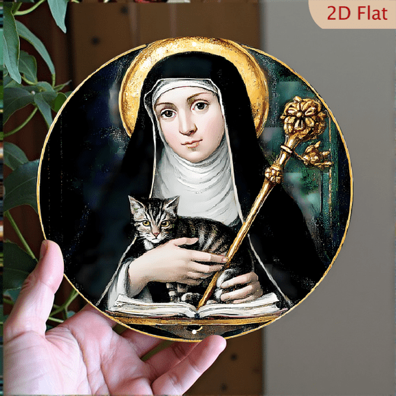 Saint Gertrude of Nivelles Patron Saint of Cats Religious Decor, 8" Round Aluminum Wall Art Sign, Metal Signs For Kitchen, Door, Cat Cafe, Bedroom Decor, Best Gifts For Room, Home, Bathroom Decor