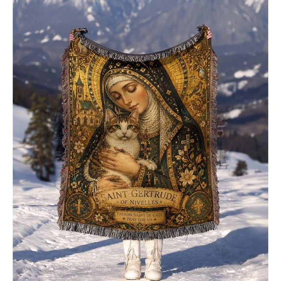 Saint Gertrude with Cat Gold and Navy Woven Blanket, 100% Cotton, Gothic Religious Home Accent