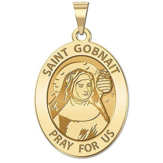 Saint Gobnait Oval Religious Medal - 2/3 X 3/4 Inch Size of Nickel, Solid 14K Yellow Gold