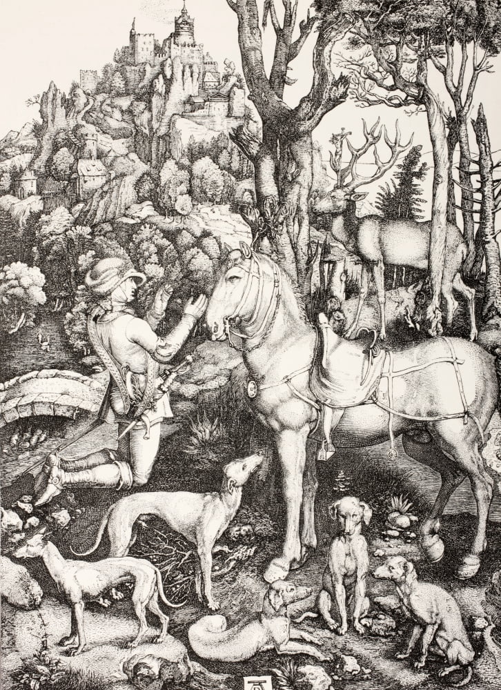 Saint Hubert In Adoration Before A Cross Carried By A Stag After An Engraving By Albert Durer From Les Artes Au Moyen Age Published Paris 1873 Canvas Art - Ken Welsh Design Pics (24 x 34)