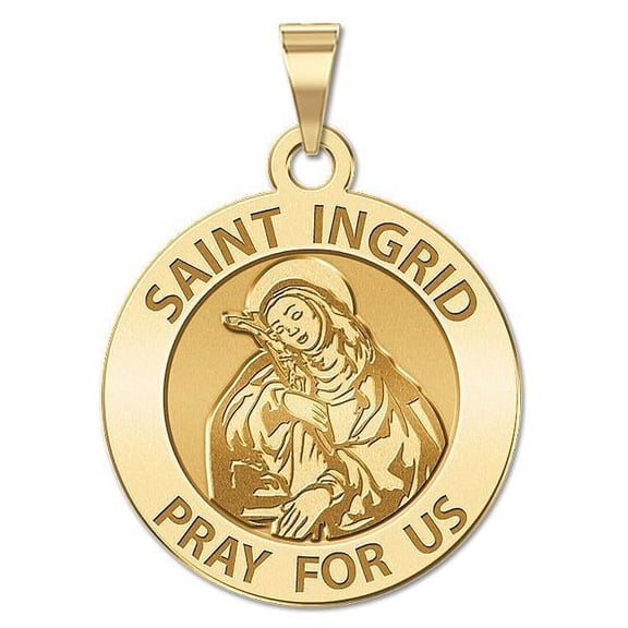 Saint Ingrid Round Religious Medal - 3/4 Inch Size of a Nickel -Solid 14K Yellow Gold