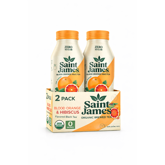 Saint James Organic Brewed Iced Tea  Blood Orange & Hibiscus, Zero Sugar, 0 Calories, USDA Organic, 16 fl oz Bottles (2-Pack)