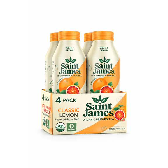 Saint James Organic Brewed Iced Tea  Blood Orange & Hibiscus, Zero Sugar, 0 Calories, USDA Organic, 16 fl oz Bottles (4-Pack)