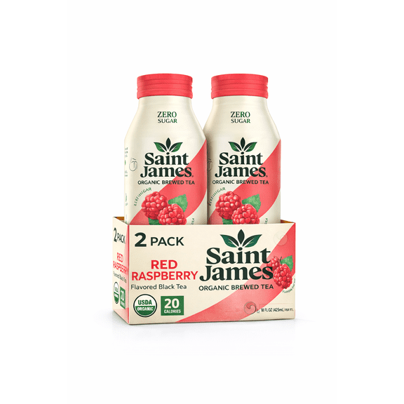 Saint James Organic Brewed Iced Tea  Red Raspberry, Zero Sugar, 0 Calories, USDA Organic, 16 fl oz Bottles (2-Pack)