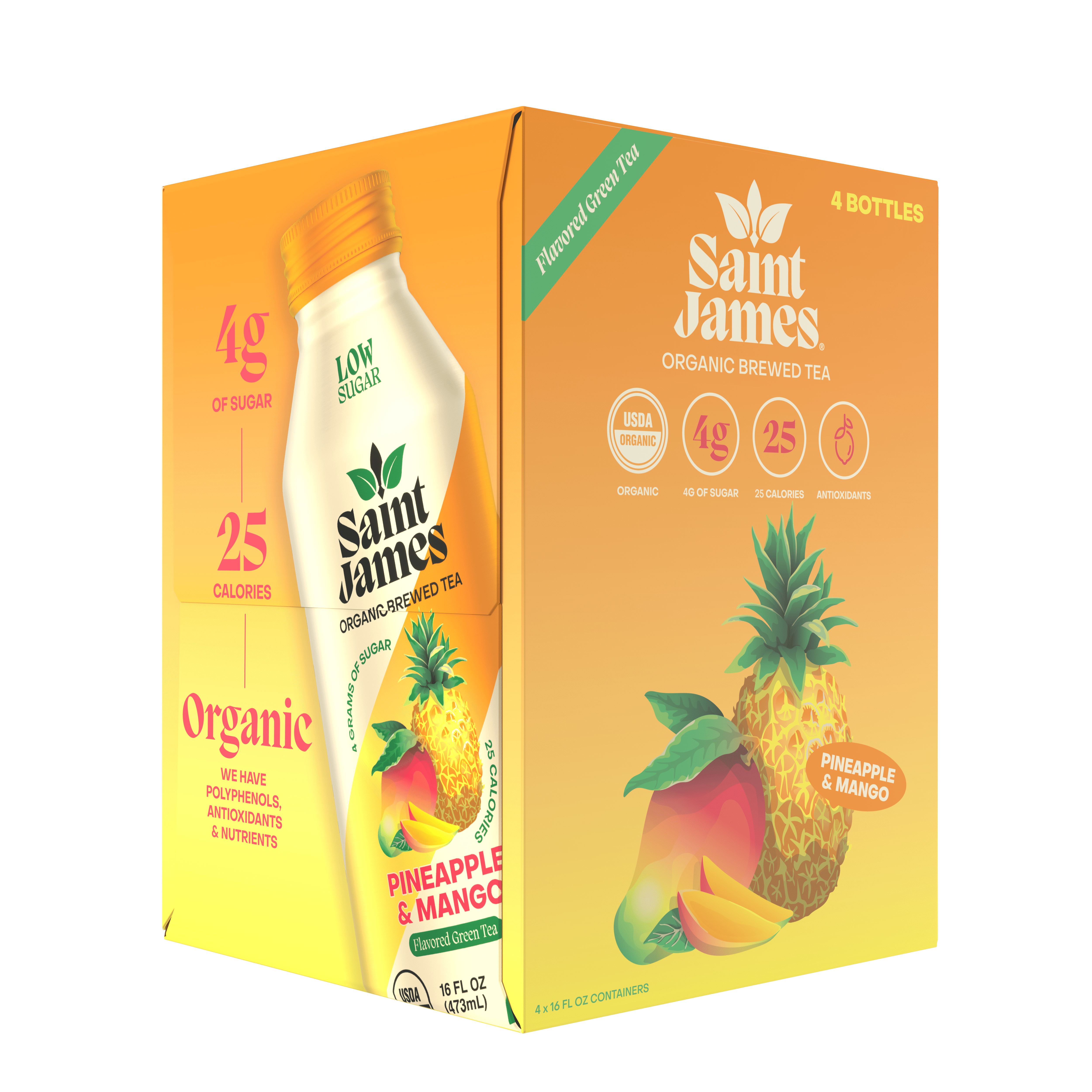 Saint James Pineapple and Mango Organic Green Tea, 16 fl oz, 4 Pack