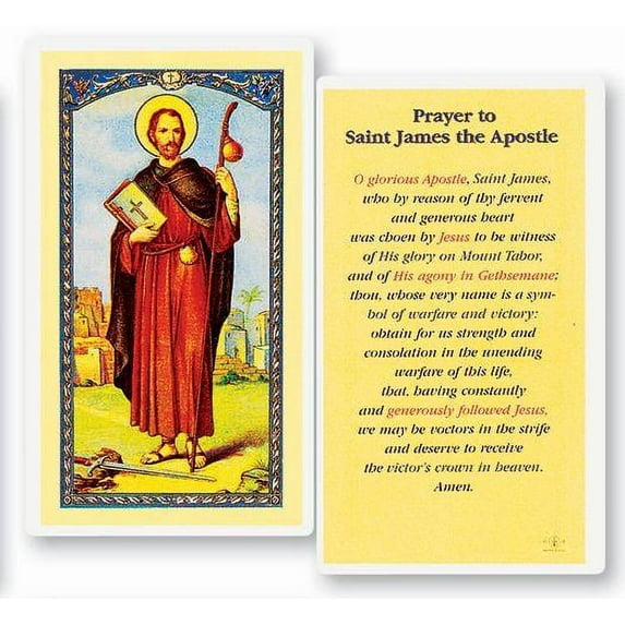 Saint James the Greater Laminated Catholic Prayer Holy Card with Prayer on Back, Pack of 25