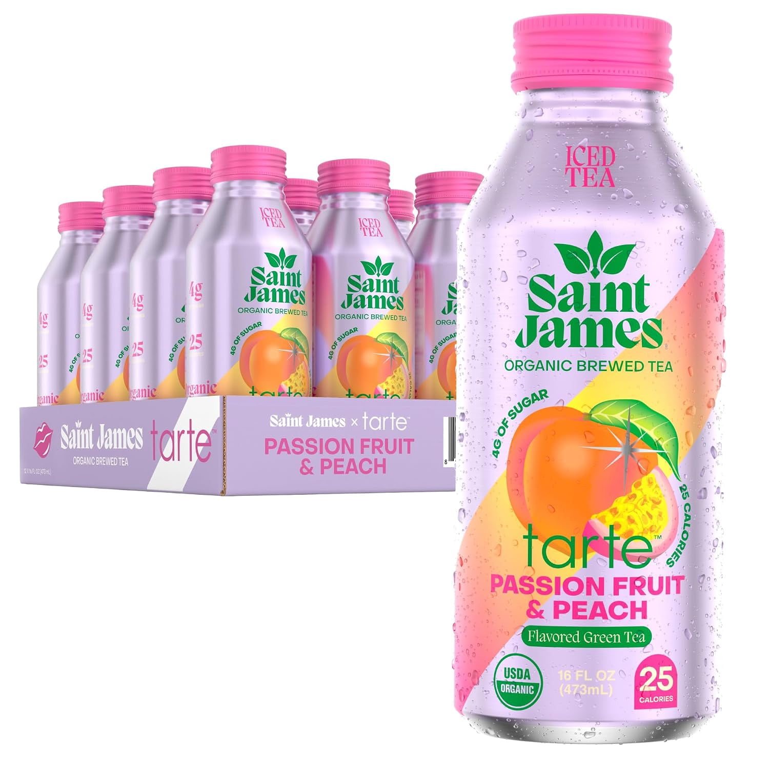 Saint James x Tarte Organic Green Iced Tea, Passion Fruit & Peach, 12pk | Limited Edition, Non GMO, Gluten Free, Low Calorie & Low Sugar, 16 fl oz each