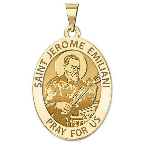 Saint Jerome Emiliani Oval Religious Medal - 1/2 X 2/3 Inch Size of Dime, Solid 14K Yellow Gold