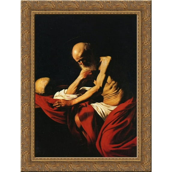 Saint Jerome in Meditation 24x18 Gold Ornate Wood Framed Canvas Art by Caravaggio
