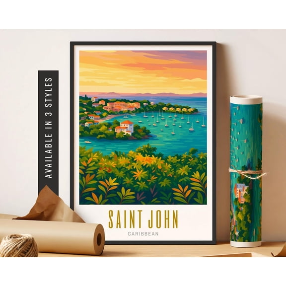 Saint John Caribbean Art Poster Travel City Wall Art Us Virgin Islands Gift Destination City Travel Poster Art Wall Decor Home Decor, 24x36 UNFRAMED