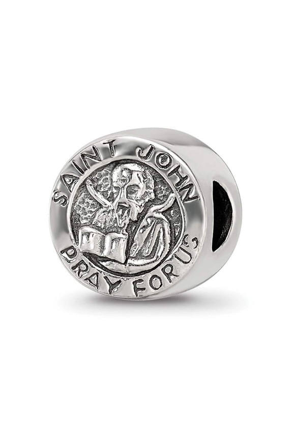 Saint John Pray for Us Cylinder Charm in Antiqued Sterling Silver