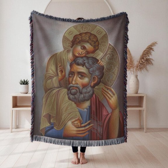 Saint Joseph And Jesus Icon Woven Throw Blanket, 100% Cotton, Fringed Edges