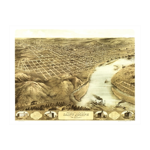 Saint Joseph Art, 1868 Vintage Map of Saint Joseph Missouri, MO History Wall Decor Gift, Old Saint Joseph Map - 24" x 18" Unframed Print