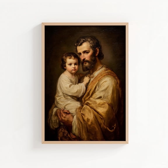 Saint Joseph Holding Jesus Christian Faith Wall Art Print