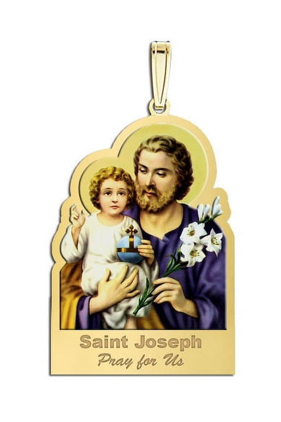 Saint Joseph Outlined Religious Medal Color - 1 Inch Size of a Quarter -Solid 14K Yellow Gold