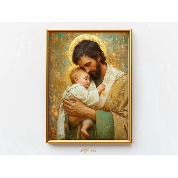 Saint Joseph Poster, Saint Joseph Art Print, Joseph And Baby Jesus, St Joseph Icon, Protector Of Christ, Christian Wall Art