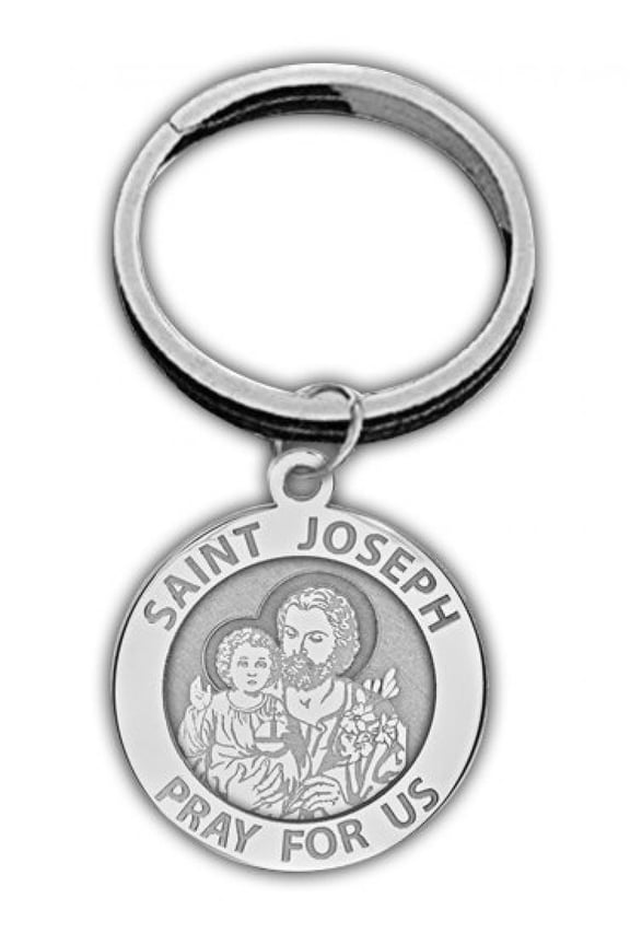 Saint Joseph Religious Engravable Keychain - 1 inch x 1 inch Round - Sterling Silver