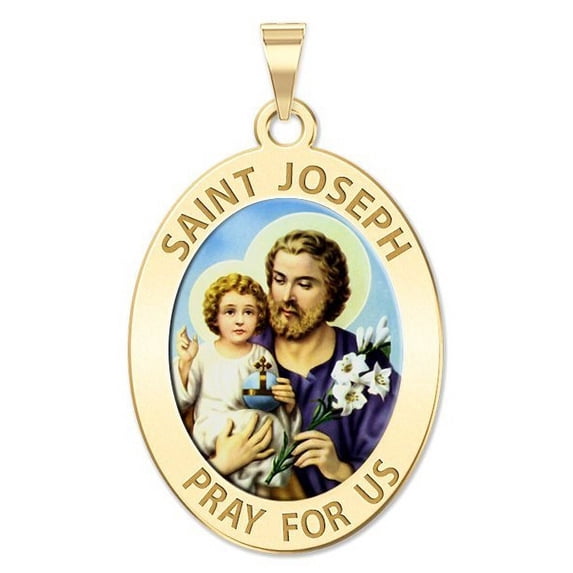 Saint Joseph Religious Oval Color Medal - 1/2 Inch X 2/3 Inch - Solid 14K Yellow Gold