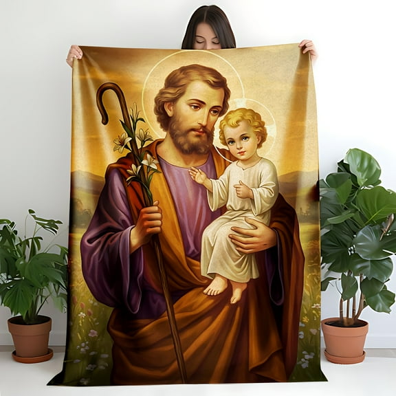 Saint Joseph and Child Jesus Flannel Blanket - Protector with Lily Staff, Ideal Christian Gift