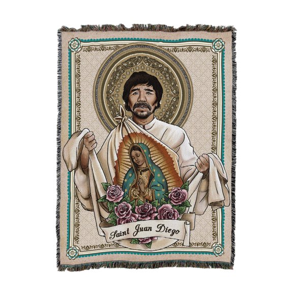 Saint Juan Diego Woven Throw Blanket, 100% Cotton, Fringed Edges