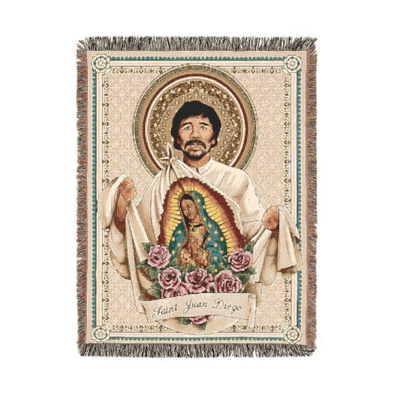 Saint Juan Diego and Our Lady of Guadalupe Teal Gold Woven Blanket, 100% Cotton, Religious Home Accent
