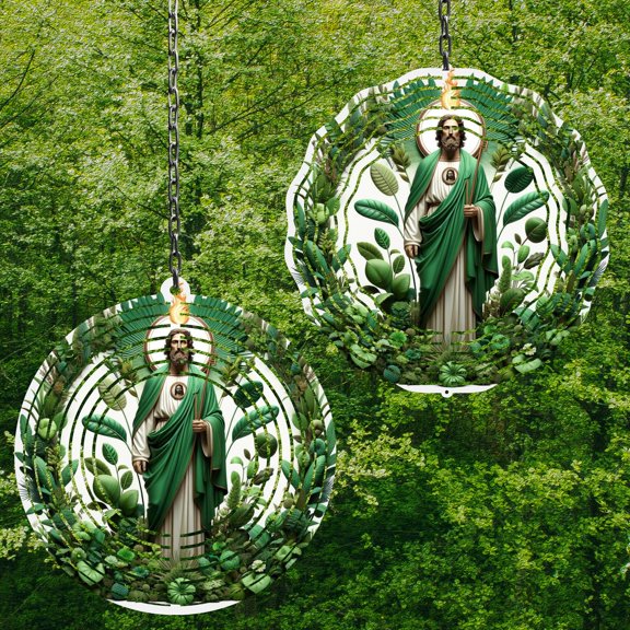 Saint Jude 10 Inch Metal Wind Spinner, 3D Kinetic Outdoor Hanging Garden Decor for Yard Patio, Christian Gift