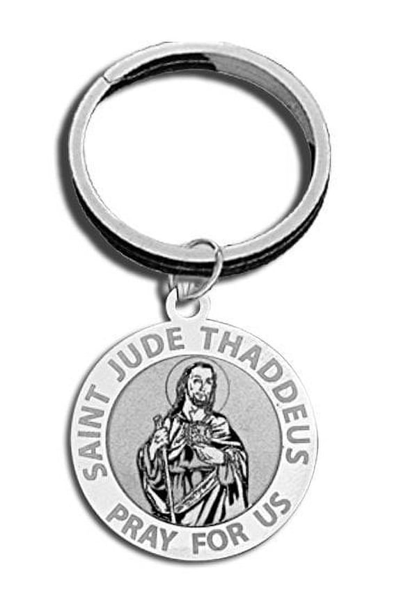 Saint Jude Religious Engravable Keychain - 1 1/4 Inch X 1 1/4 Inch Round - Sterling Silver