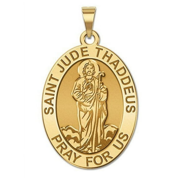 Saint Jude Religious Oval Medal (Full Figure) - 2/3 X 3/4 Inch Size of Nickel, Solid 14K Yellow Gold