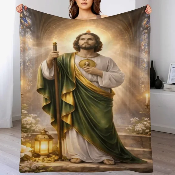 Saint Jude Thaddeus Catholic Religious Art Cozy Flannel Throw Blanket Soft Warm Couch Bedroom Decor Blanket Religious Gift for Faith Believers