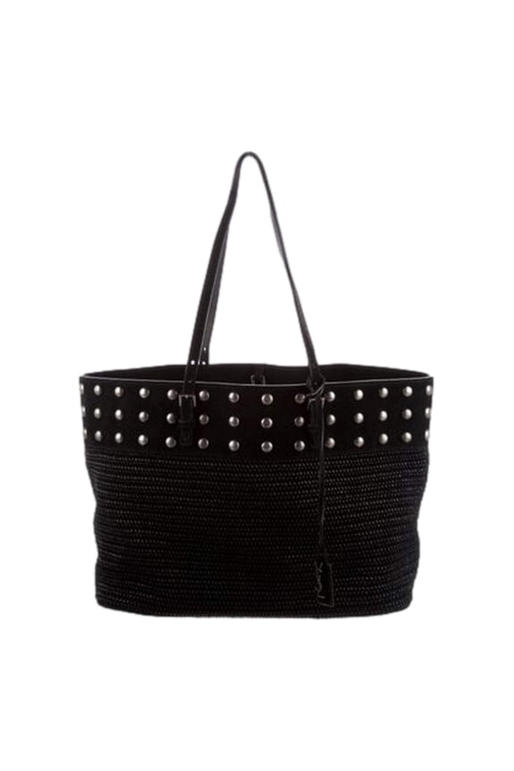 Boucle Studded Raffia Leather Tote Bag Black Shopping Tote Adjustable Straps Made in Italy New