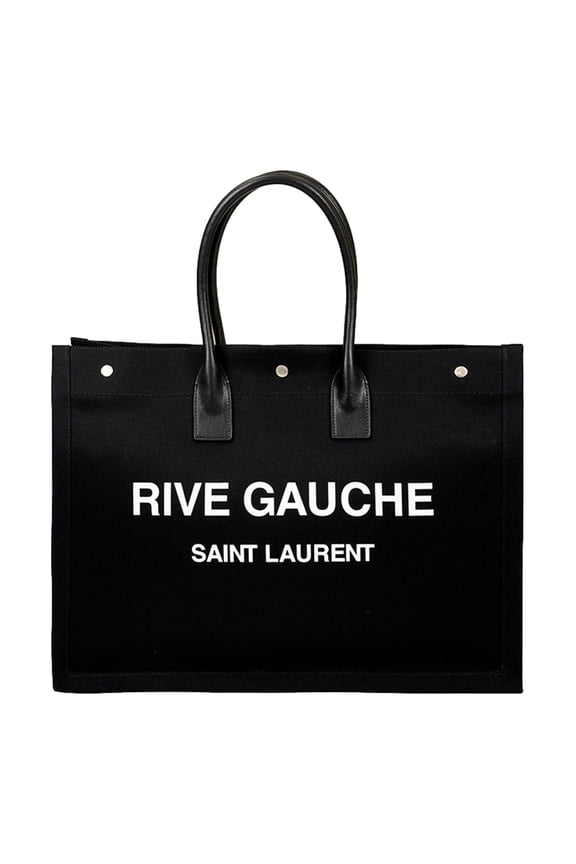 Rive Gauche Black Canvas Leather Trim Tote Bag Large Shopper New