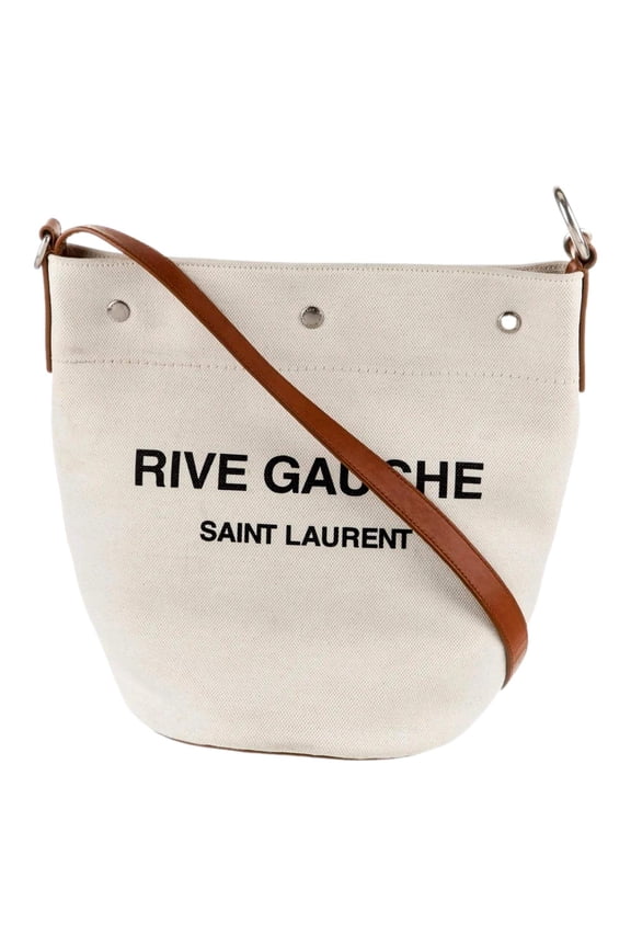 Rive Gauche Brown Leather Trim Linen Bucket Bag