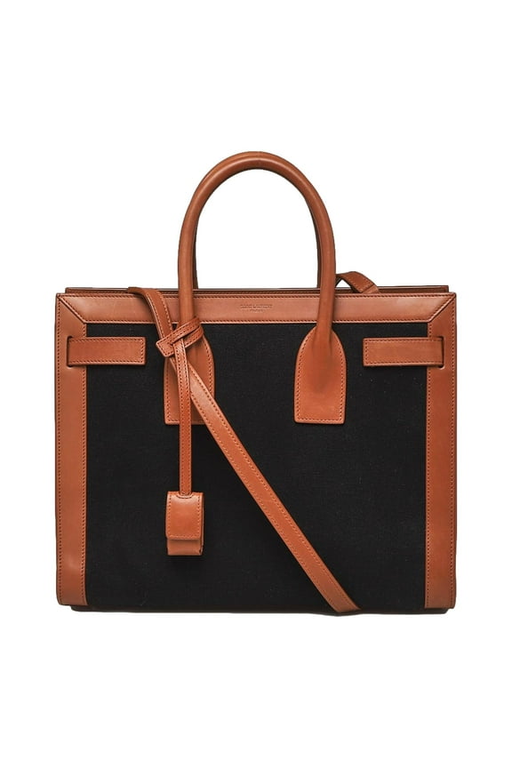 Sac De Jour Black Canvas and Brown Leather Satchel