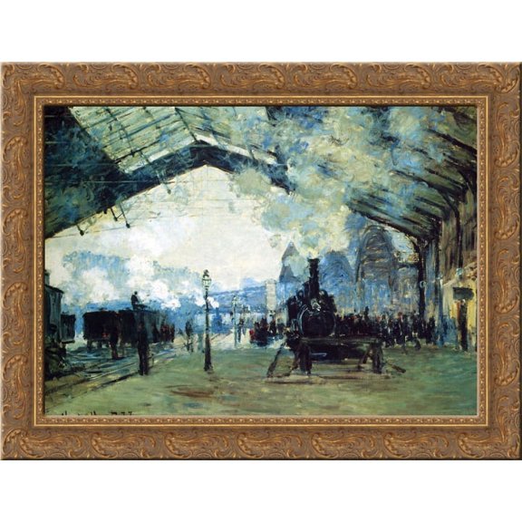Saint Lazare Gare, Normandy Train 24x20 Gold Ornate Wood Framed Canvas Art by Monet, Claude