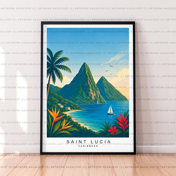 Saint Lucia Caribbean Illustration Poster, Pitons, Tropical Landscape Travel, Travel Inspired Home And Office Decor
