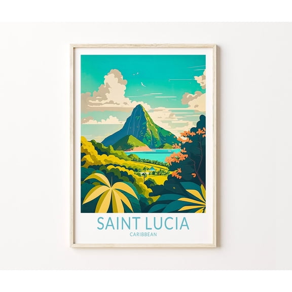 Saint Lucia Caribbean Island Pitons Tropical Wall Art Print, Unframed Paper Poster 8x10in