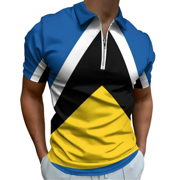 Saint Lucia Flag Men Zipper T-shirt Summer Casual Short Sleeve T-shirt Top