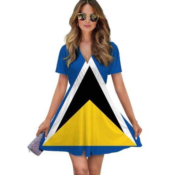 Saint Lucia Flag Women Dress V-Neck Short Sleeve Flowy Swing Party Midi Dress