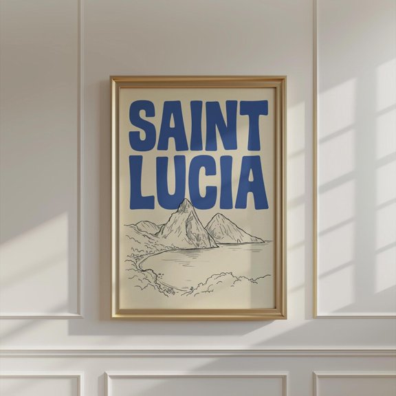 Saint Lucia Piton Mountains Travel Poster For Tropical Island Decor