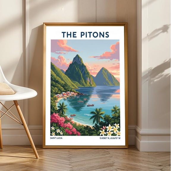 Saint Lucia Pitons Art Print: Tropical Island Landscape, Unframed Poster Size 8x12