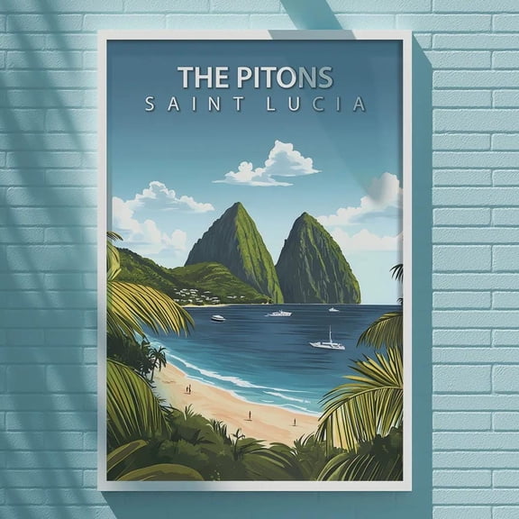 Saint Lucia Pitons Travel Tropical Beach Coastal Mid Century Poster , Poster Print Only